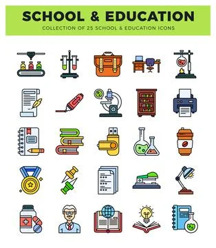 Flat vector icons for school and education. Colorful graphic design element.. Illustrazione stock