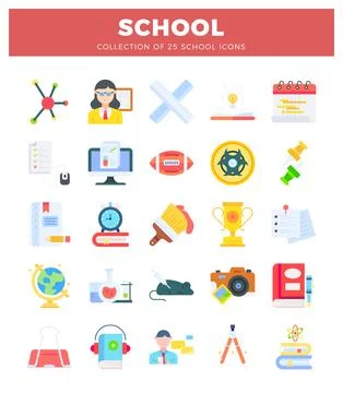 Flat vector icons for school and education elements on a white background Stock Illustration