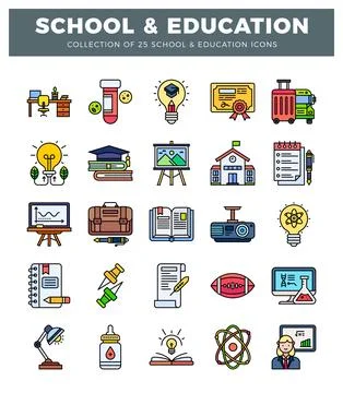 Flat vector icons of school and education objects in a grid Stock Illustration