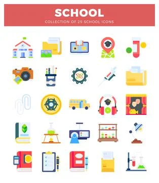 Flat vector icons of school supplies and elements on a white background Stockillustratie