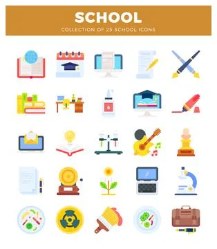 Flat vector icons of school supplies. stationery. and educational tools arr.. Stock Illustration