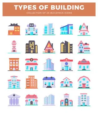 Flat vector icons showcase diverse building types and architectural styles .. Stock Illustration