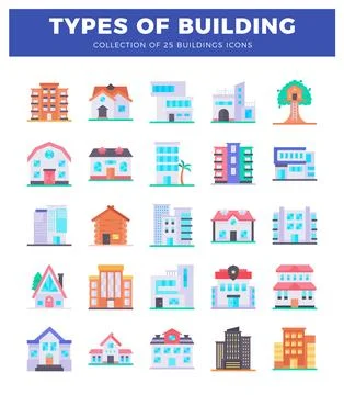 Flat vector icons showcase various building types including houses. apartme.. Ilustración de archivo