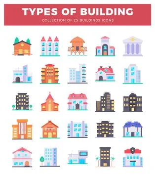 Flat vector icons showcasing diverse building types. presented in a grid la.. Stockillustratie