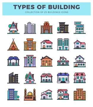 Flat vector icons showcasing diverse building types with colorful outlines .. 스톡 일러스트