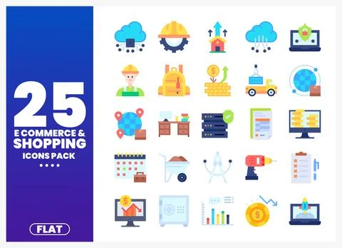 Flat vector icons showcasing e-commerce and shopping elements displayed on .. Stock Illustration