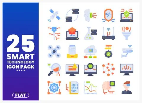 Flat vector icons of smart technology and AI concepts presented on a blue a.. Stock Illustration