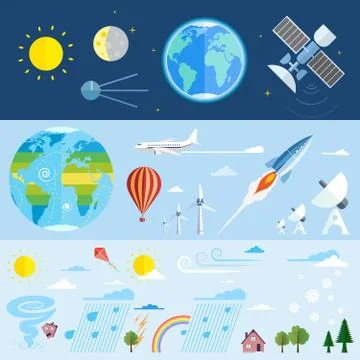 Flat vector icons of space and meteorological elements. Stock Illustration