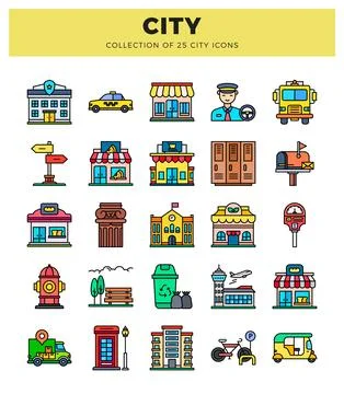 Flat vector icons of urban elements and services on white 스톡 일러스트