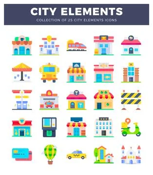 Flat vector icons of urban elements with colorful buildings. transportation.. Illustrazione stock