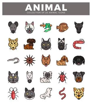 Flat vector icons of various animals with a simple white background. イラスト素材
