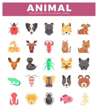 Flat vector icons of various animals. set against a plain white background. Stock Illustration