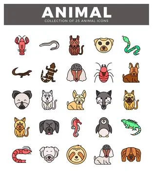 Flat vector icons of various animals presented in a clean. modern style.  a.. Stock Illustration