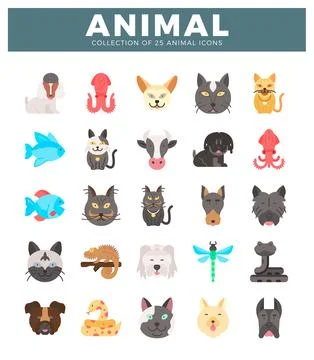 Flat vector icons of various animals and sea creatures arranged in a grid Stock Illustration