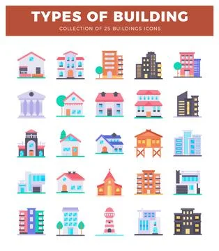 Flat vector icons of various building types displayed on a white background.. Ilustración de archivo