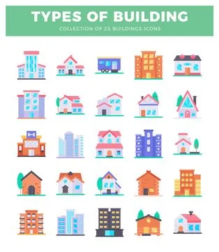Flat vector icons of various building types presented in a grid against a w.. Illustrazione stock