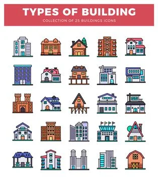 Flat vector icons of various building types on a white background. Stock Illustration