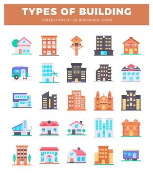 Flat vector icons of various building types against a white background. Ilustración de archivo