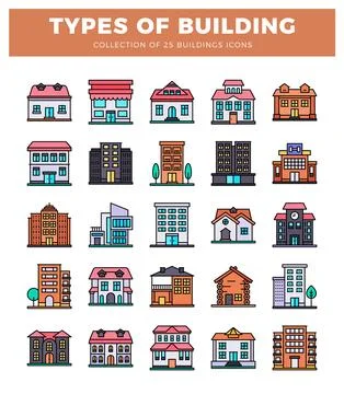 Flat vector icons of various building types presented on a white background. Illustrazione stock