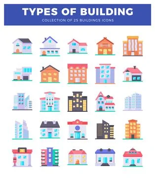 Flat vector icons of various building types arranged in a grid. white backg.. Illustrazione stock