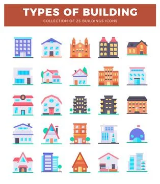 Flat vector icons of various building types on white background. building i.. Ilustración de archivo