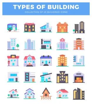 Flat vector icons of various buildings. residential. commercial. and indust.. Illustrazione stock