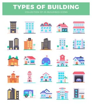 Flat vector icons of various buildings. urban and rural architecture. build.. Stock Illustration