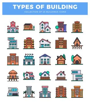 Flat vector icons of various buildings presented on a white background Illustrazione stock