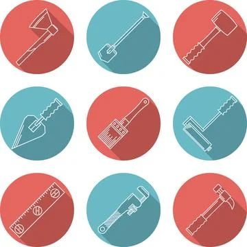 Flat vector icons for woodwork tools Set of flat circle red and blue vecto... Stock Photos
