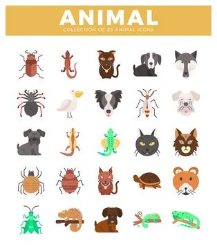 Flat vector illustration of 25 animal icons on white background Stock Illustration