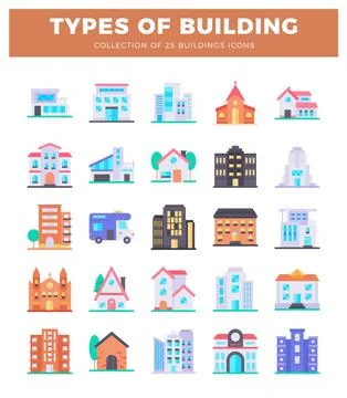 Flat vector illustration of 25 types of building icons on a white background Ilustración de archivo