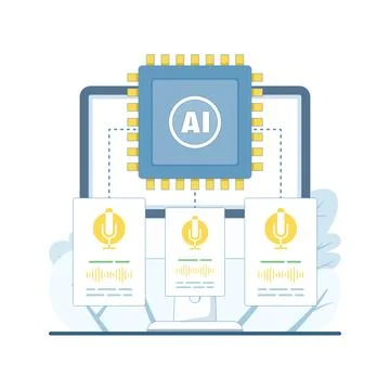 Flat vector illustration of AI using voice changing software on laptop Stock Illustration