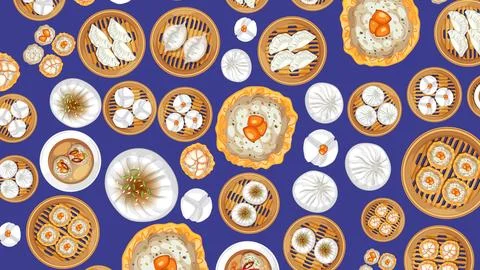 Flat Vector Illustration of Assorted Chinese Dim Sum and Dumplings Stock Illustration