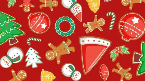 Flat vector illustration of assorted holiday cookies and ornaments on a vibra Stock Illustration