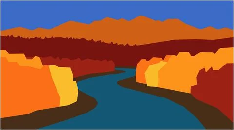 Flat vector illustration of an autumn river valley landscape with landscape Stock Illustration