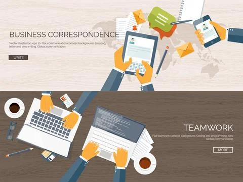 Flat vector illustration backgrounds set. Business correspondence communication Stockillustratie