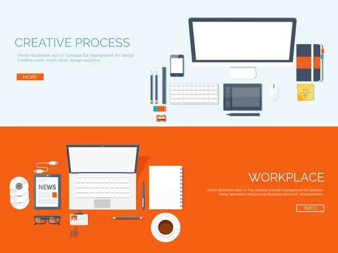 Flat vector illustration backgrounds set. Workplace. Programming, coding web 库存插图