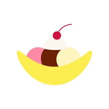 Flat vector illustration of banana split ice cream with whipped cream and che Stock Illustration