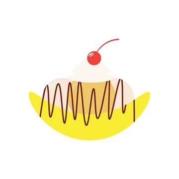 Flat vector illustration of banana split ice cream with whipped cream and che Stock Illustration
