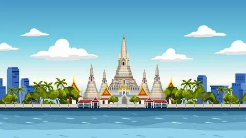 Flat Vector Illustration of Bangkok Cityscape with Wat Arun Temple Landmark Ilustración de archivo