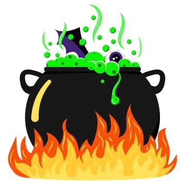 Flat vector illustration of black halloween design witches cauldron with bubb Stock Illustration