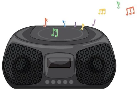 A flat vector illustration of a black portable radio playing colorful floatin Stockillustratie