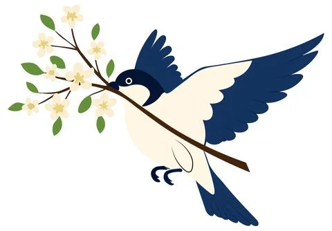 Flat vector illustration of a blue and white bird flying while holding a bloo Ilustración de archivo