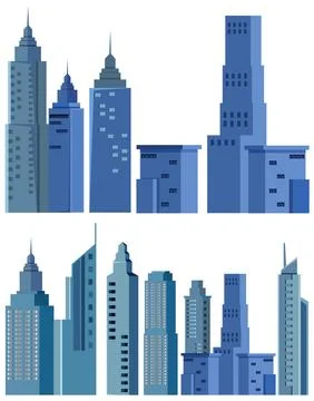 Flat Vector Illustration of Blue City Skyscrapers and Urban Buildings Stock Illustration