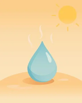 Flat vector illustration of a blue water drop evaporating under hot sun con.. Stock Illustration