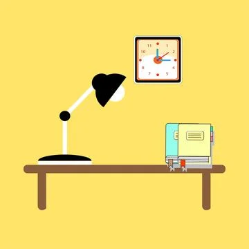 Flat vector illustration of a book on a table, Desk lamp modern Stock Illustration