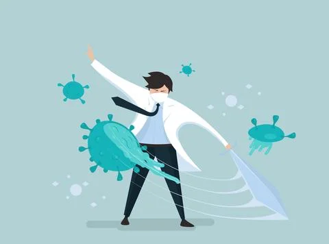 Flat vector illustration of a brave doctor wearing a face mask fighting coron Stock Illustration
