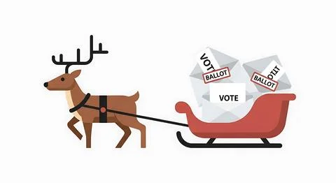 Flat vector illustration of brown reindeer pulling red sleigh filled with p.. Illustrazione stock