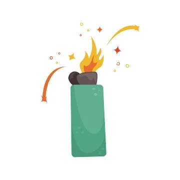 Flat vector illustration of a burning green lighter. Stock Illustration