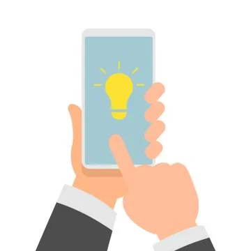 Flat Vector Illustration of Businessman Hands Holding Smartphone with an Idea Stock Illustration